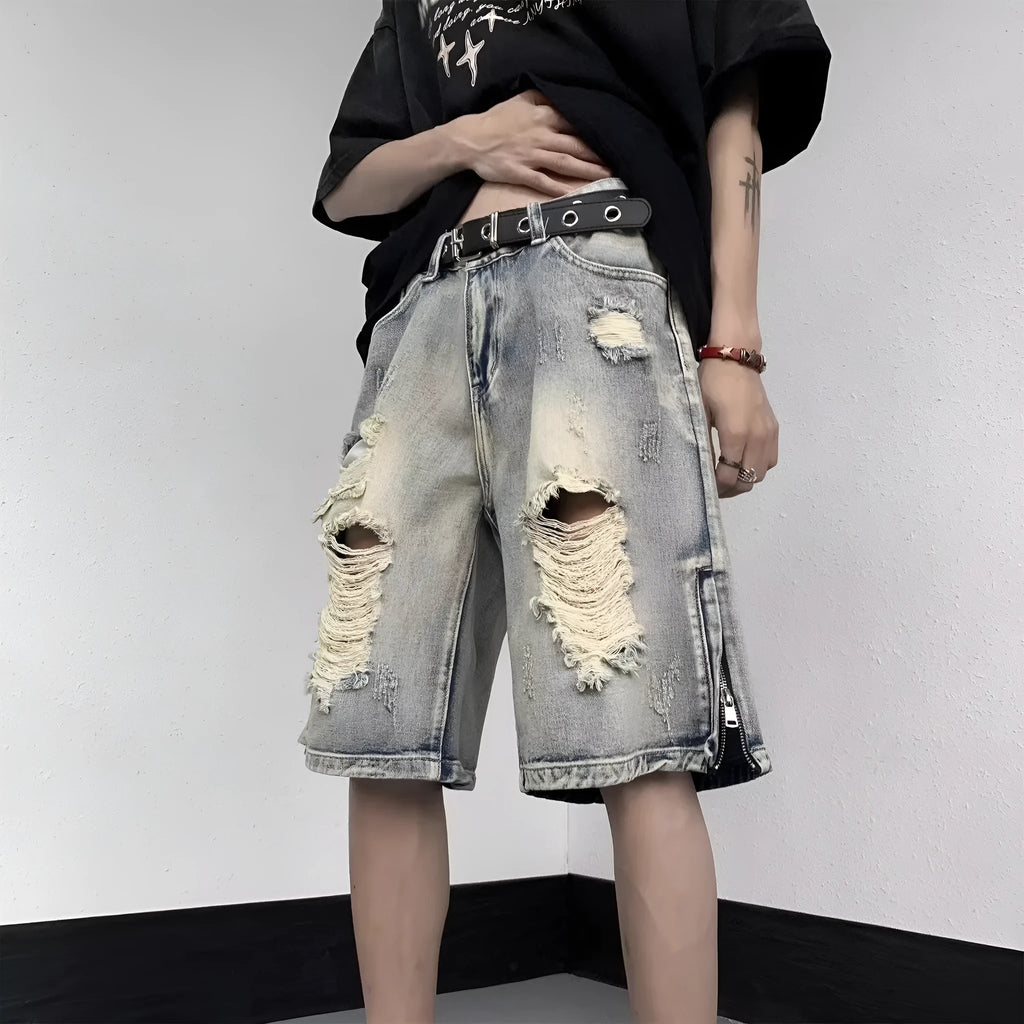 Blue retro tattered wide leg denim shorts for summer, cotton fabric, S-3XL