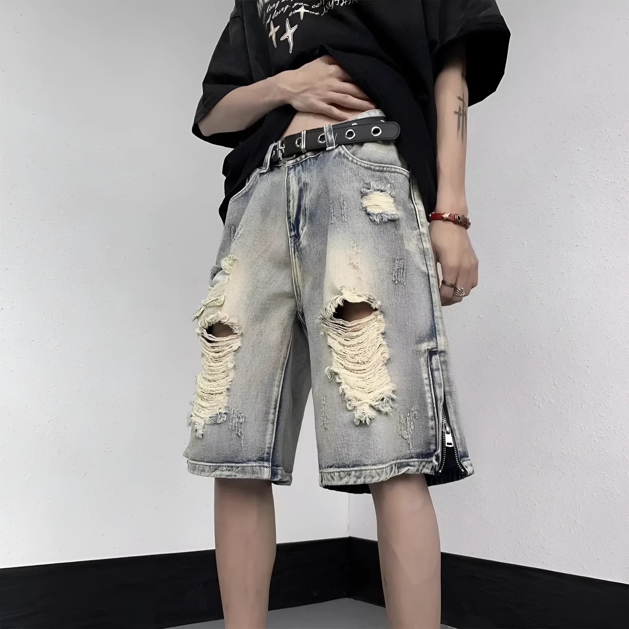 Blue retro tattered wide leg denim shorts for summer, cotton fabric, S-3XL