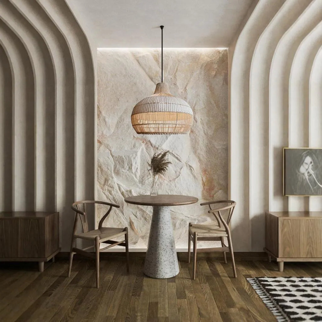Rattan woven chandelier with 60cm diameter in a pastoral Southeast Asian style.