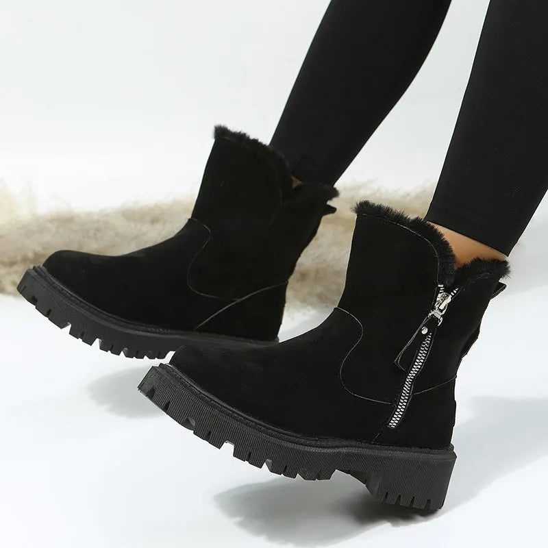 Women's black thick plush high-top snow boot with side zip and non-slip rubber sole.