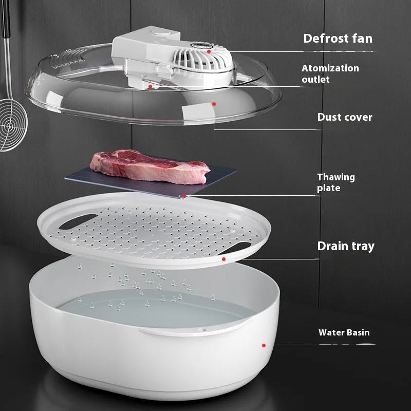 Modern aluminium food defrosting board with USB cable for kitchen counter use.