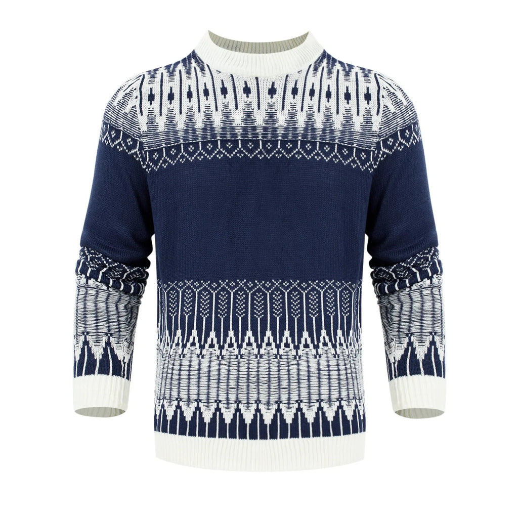 Men's grey knitted long-sleeve pullover sweater for winter, shown on a model.