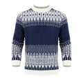 Men's grey knitted long-sleeve pullover sweater for winter, shown on a model.