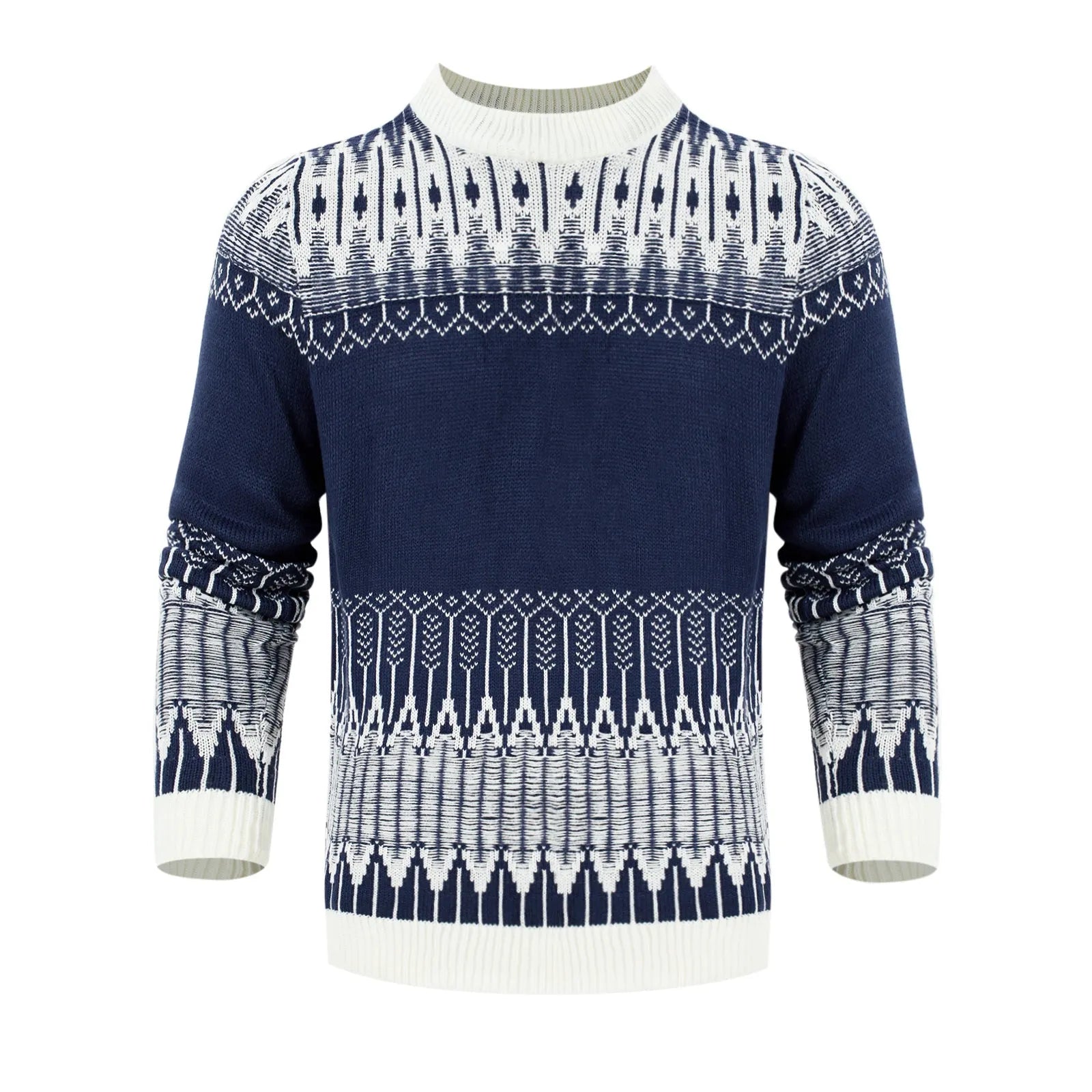 Men's grey knitted long-sleeve pullover sweater for winter, shown on a model.