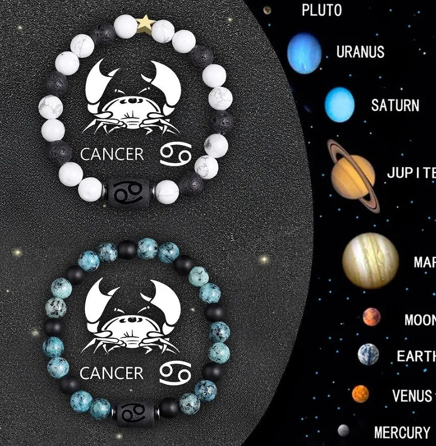 Set of twelve natural stone zodiac sign bracelets with elastic closures arranged in circle