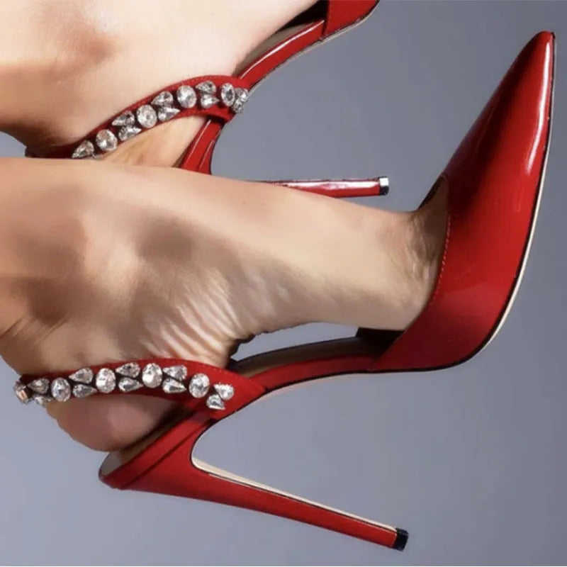 Women's pointed toe high heel sandals with rhinestone side detailing in patent leather