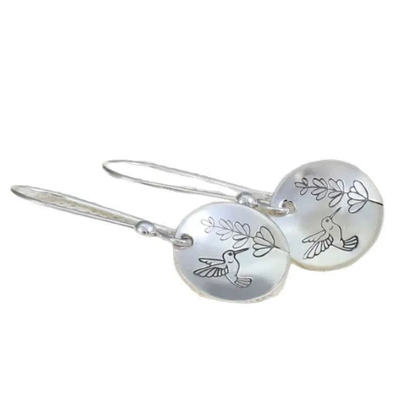 Silver retro bird flower women's earrings with leaf and animal zodiac elements on glossy round zinc alloy