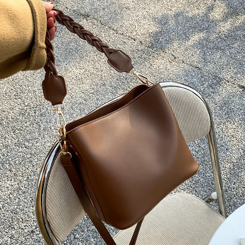 Retro woven PU leather crossbody bucket bag in khaki, black or brown colours