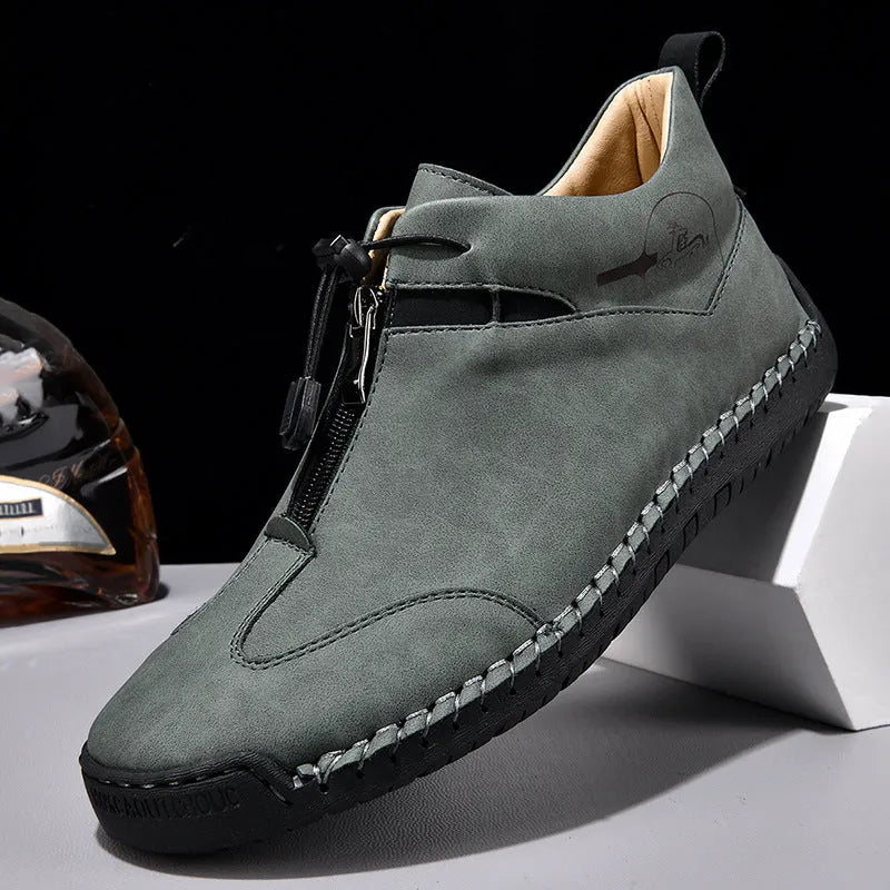 Men's leather casual shoes with mid-heel in black, blue, green, or khaki colours
