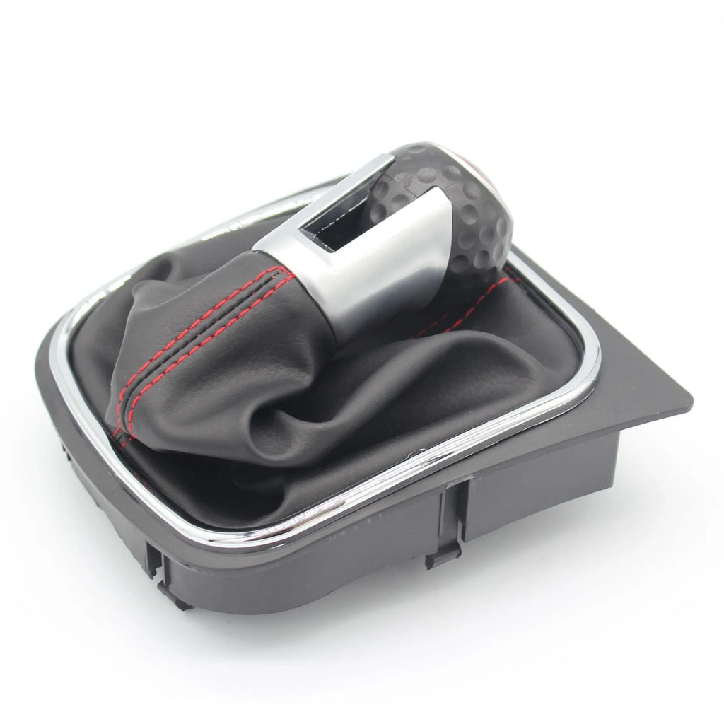Leather gear shift knob with black dust boot for Volkswagen Golf manual transmission.