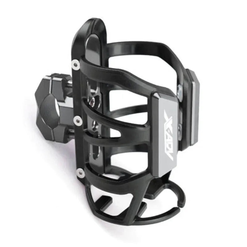 Black plastic water bottle cage mounted on Honda X-ADV scooter modified bumper