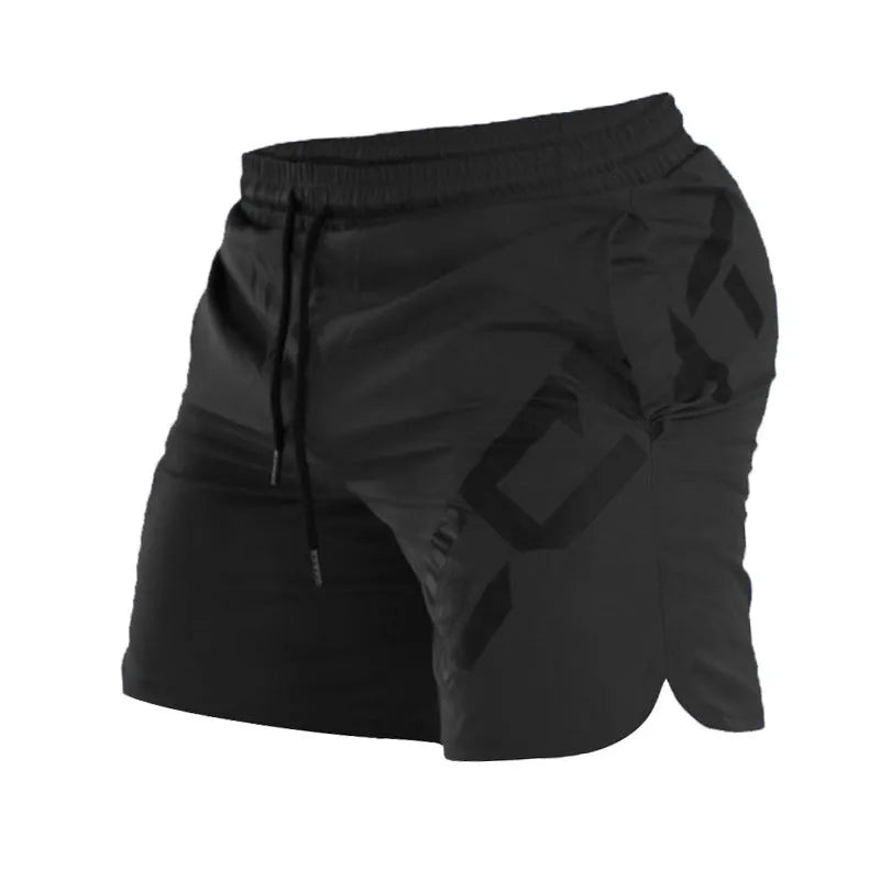 Man wearing black quick-dry nylon sports shorts with an elastic waistband, suitable for running and summer training.