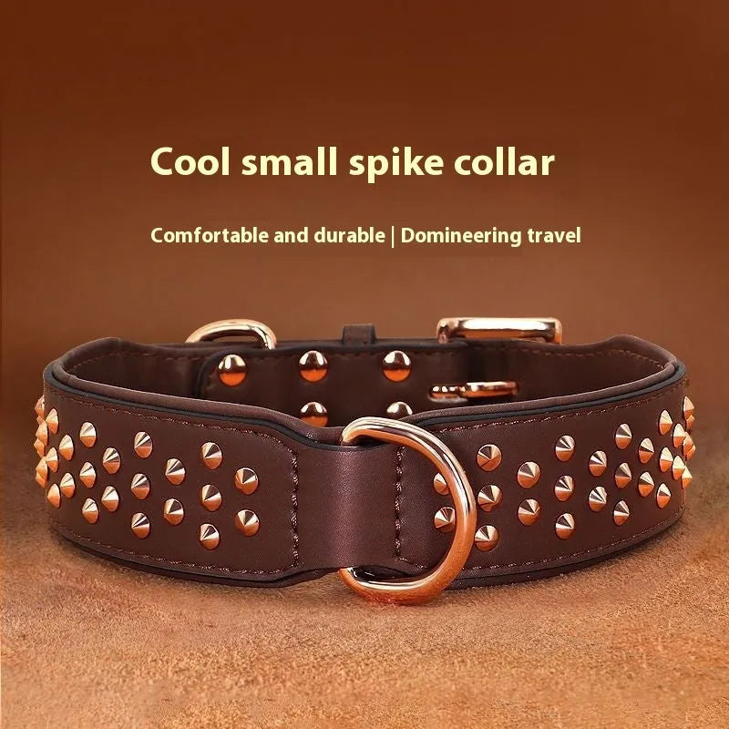 Leather dog collar with metal rivets in black, chocolate, or pink colour options