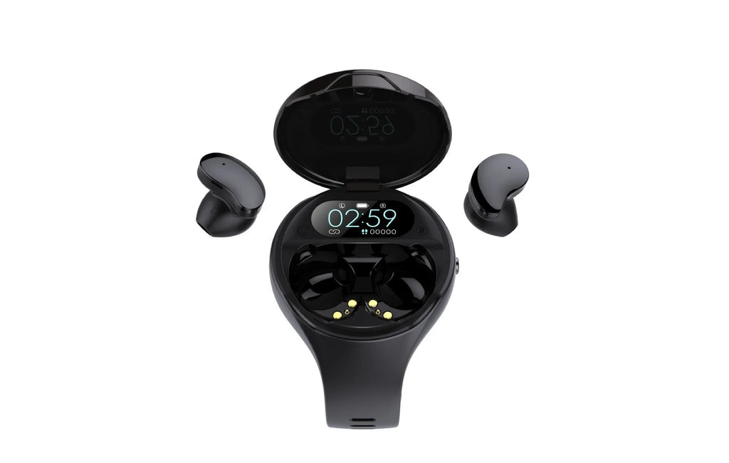 Black Bluetooth headset attached to a smart bracelet with colour screen for heart rate and step tracking.