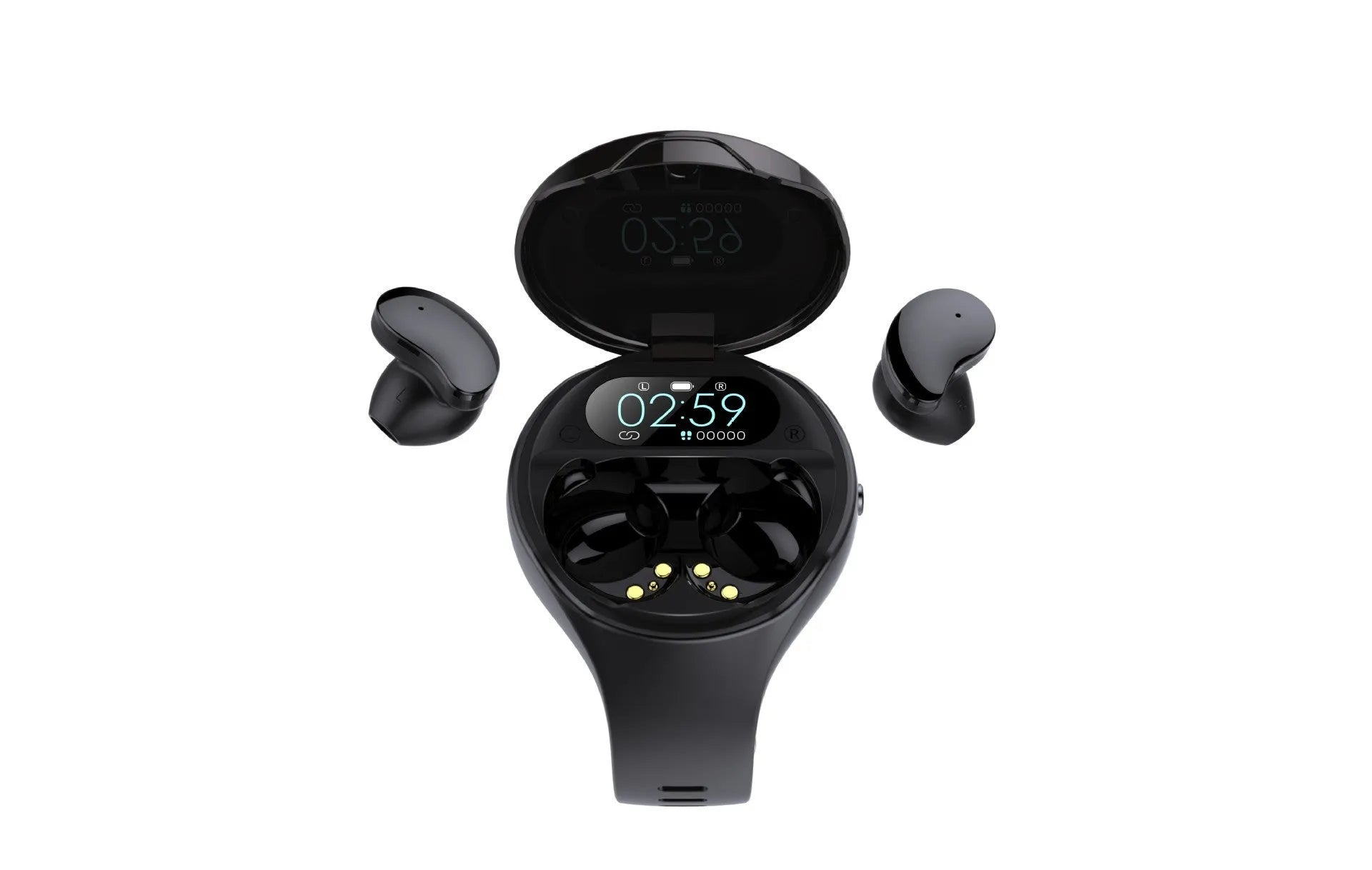 Black Bluetooth headset attached to a smart bracelet with colour screen for heart rate and step tracking.