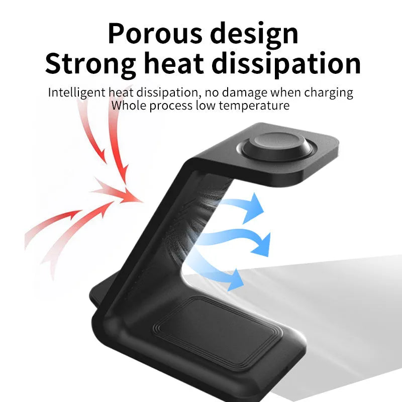 White 3-in-1 upright wireless charger with phone holder showing Type-C cable connection