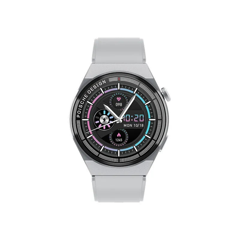 Black smartwatch with circular 1.39-inch screen on a silicone wrist strap, showing NFC payment and call interface.