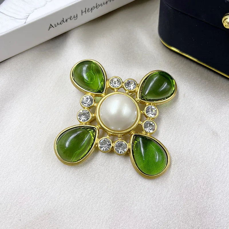 Medieval Baroque style cross brooch with crystal detailing on zinc alloy base