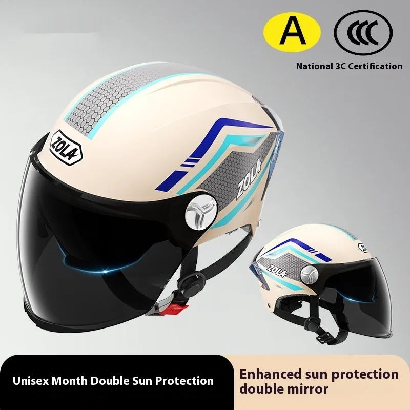 Children's light brown ABS motorcycle half helmet with a double mirror sun visor displayed on a white background.