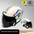 Children's light brown ABS motorcycle half helmet with a double mirror sun visor displayed on a white background.