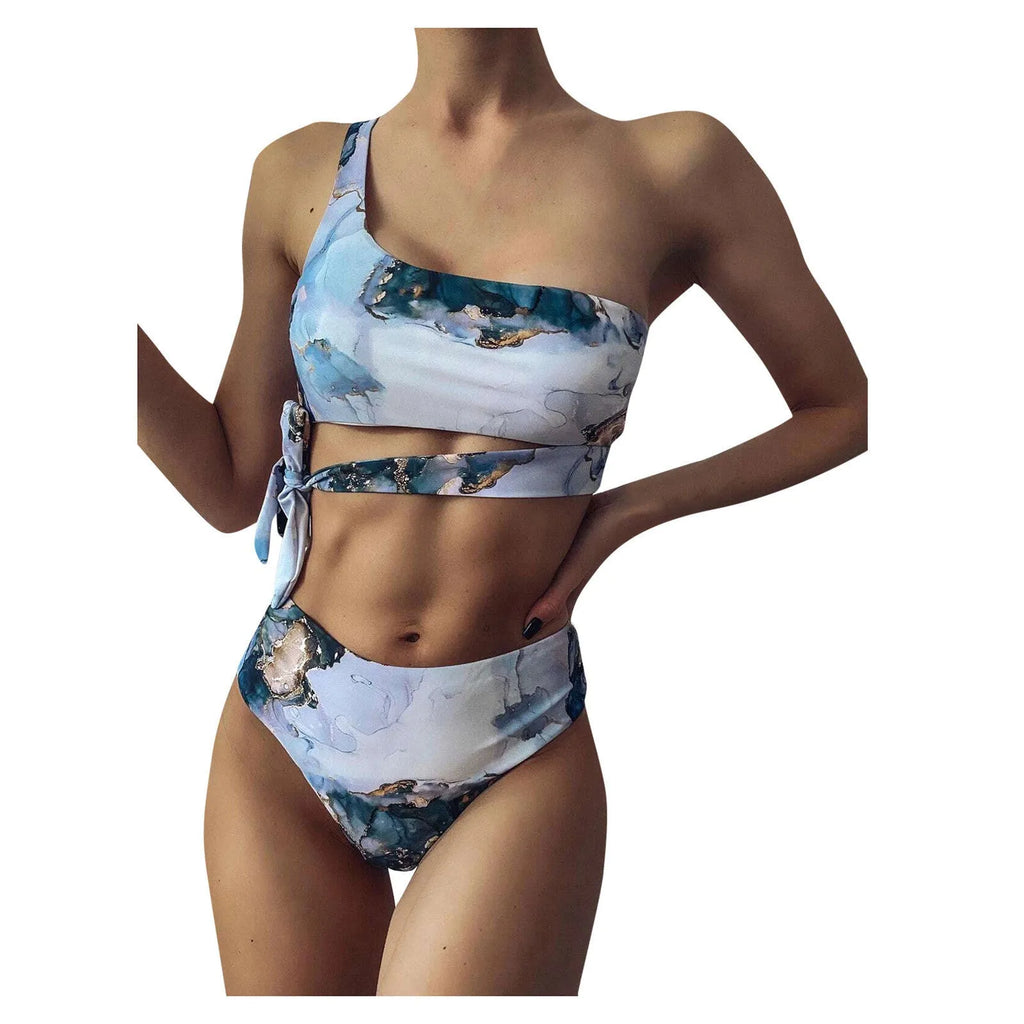 Women's marble tie-dye high-waist bikini set with U-neck top in blue colour variation