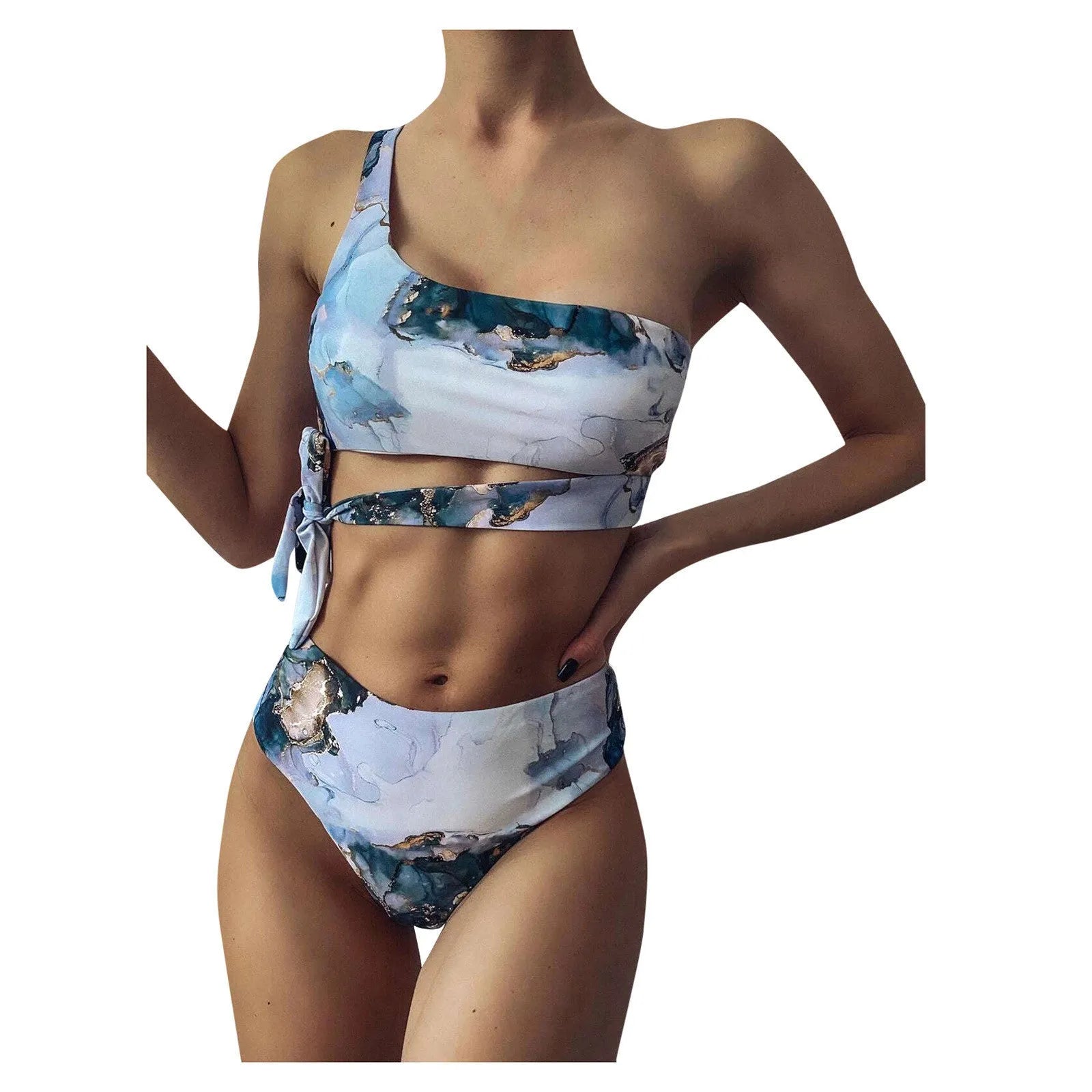 Women's marble tie-dye high-waist bikini set with U-neck top in blue colour variation