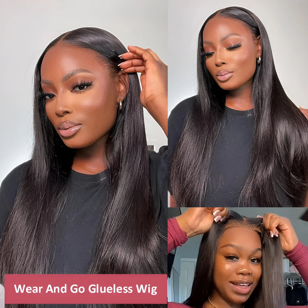 A long, straight, glueless human hair wig with side bangs, shown in a dark colour.