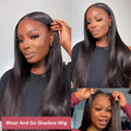 A long, straight, glueless human hair wig with side bangs, shown in a dark colour.