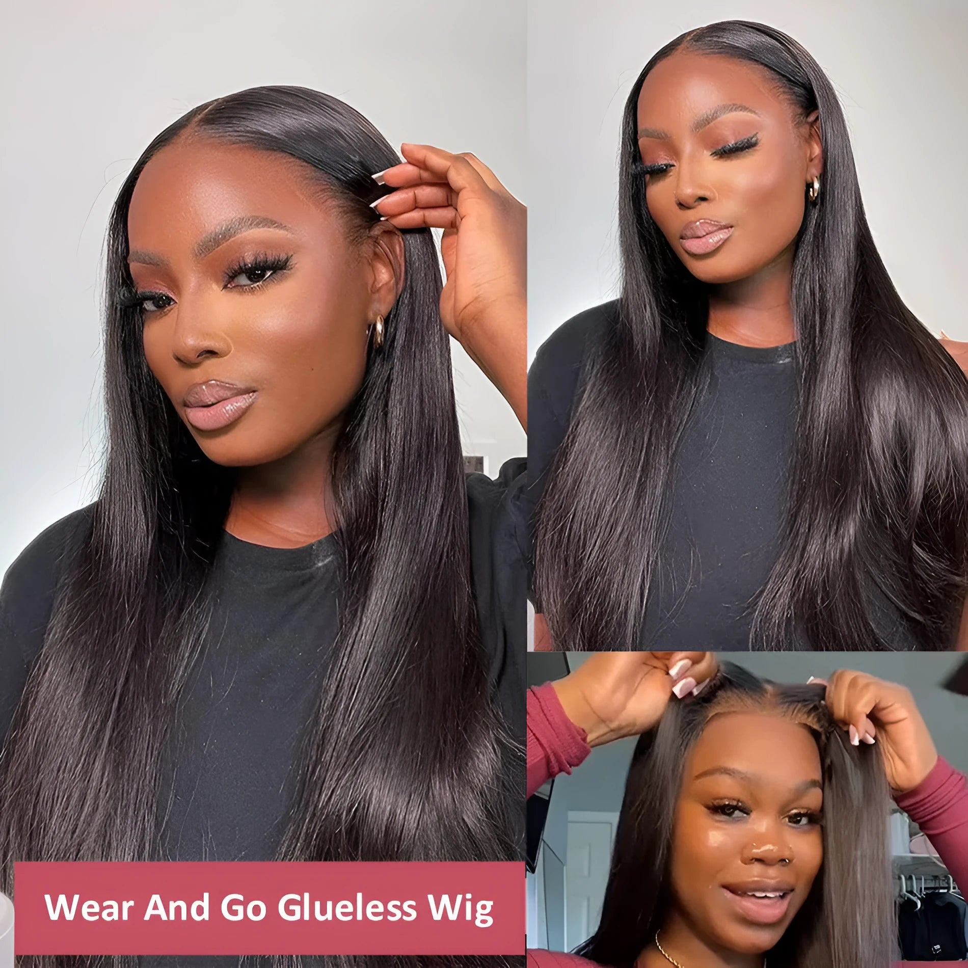 A long, straight, glueless human hair wig with side bangs, shown in a dark colour.