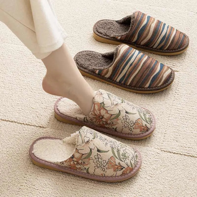 Warm winter linen surface cotton household slippers with PVC sole in red flower colour, side view