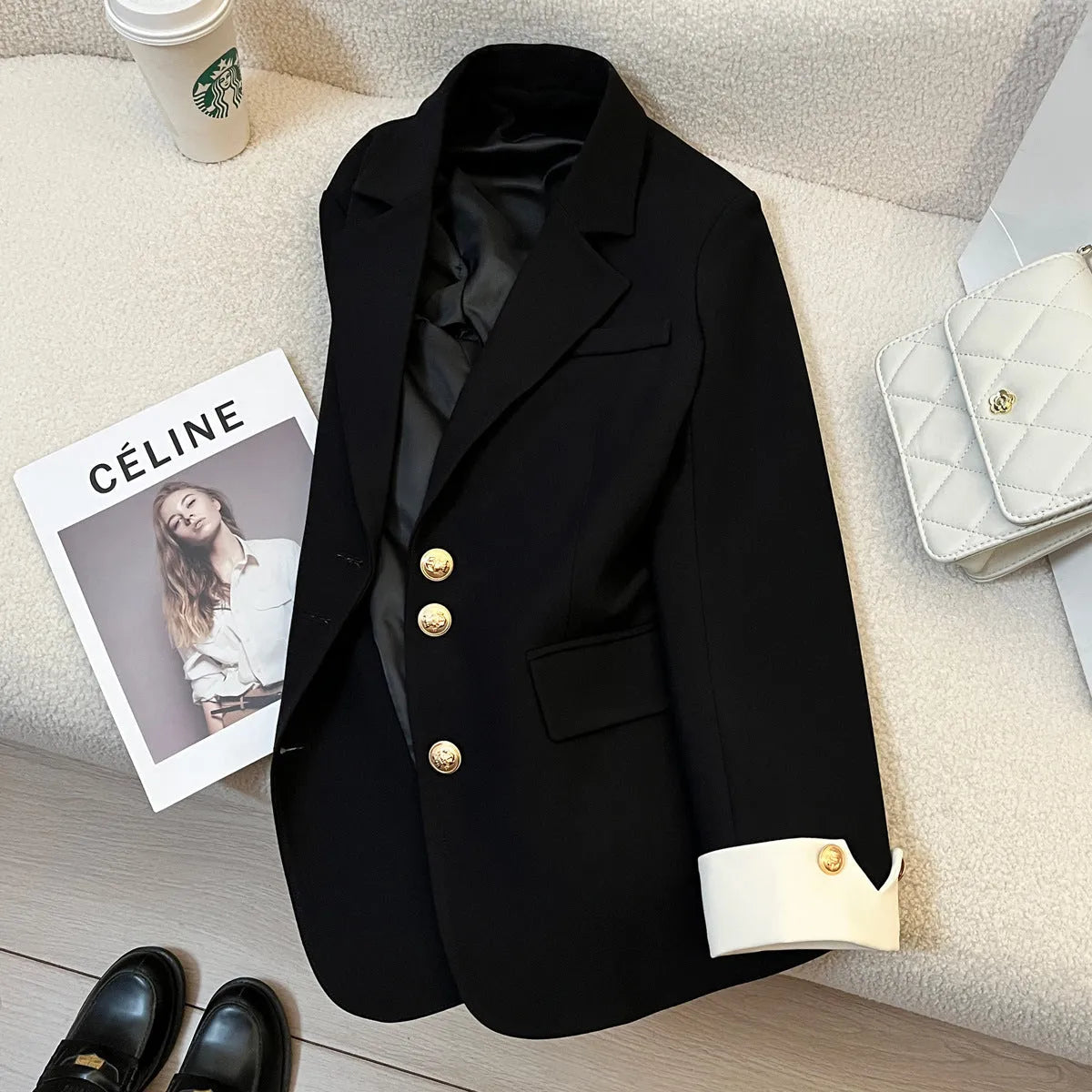 Korean style women's coat in milky white colour with loose fit and pockets