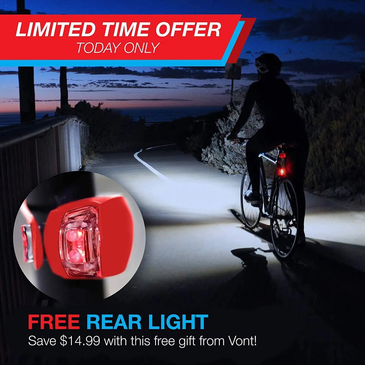 Bicycle headlight and taillight set with a black handlebar mounting bracket on a bicycle.