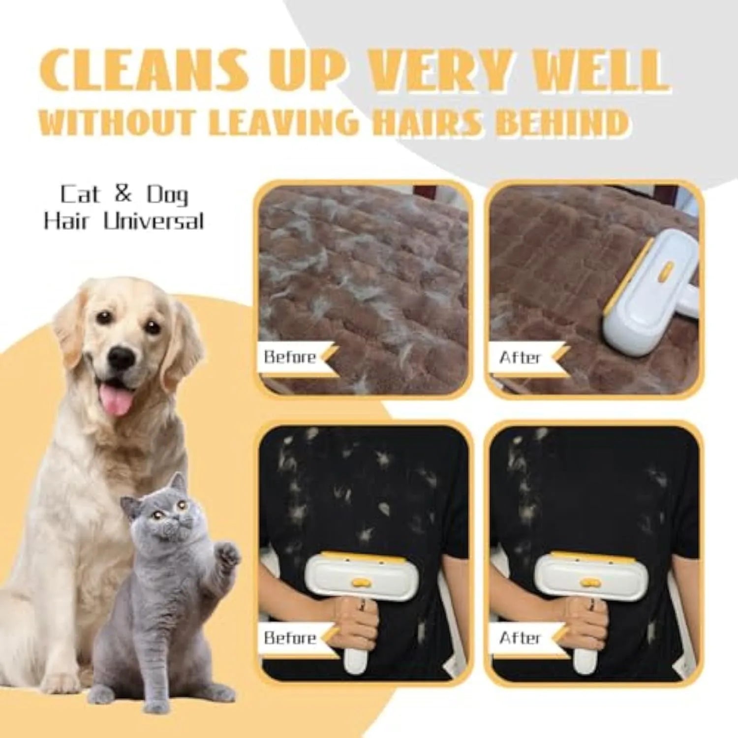 Yellow duck portable pet hair remover with plastic body and bristle brush for removing pet fur