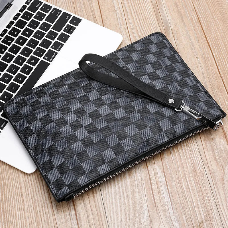 Men's soft PU leather clutch wallet showing card slots and checkered pattern