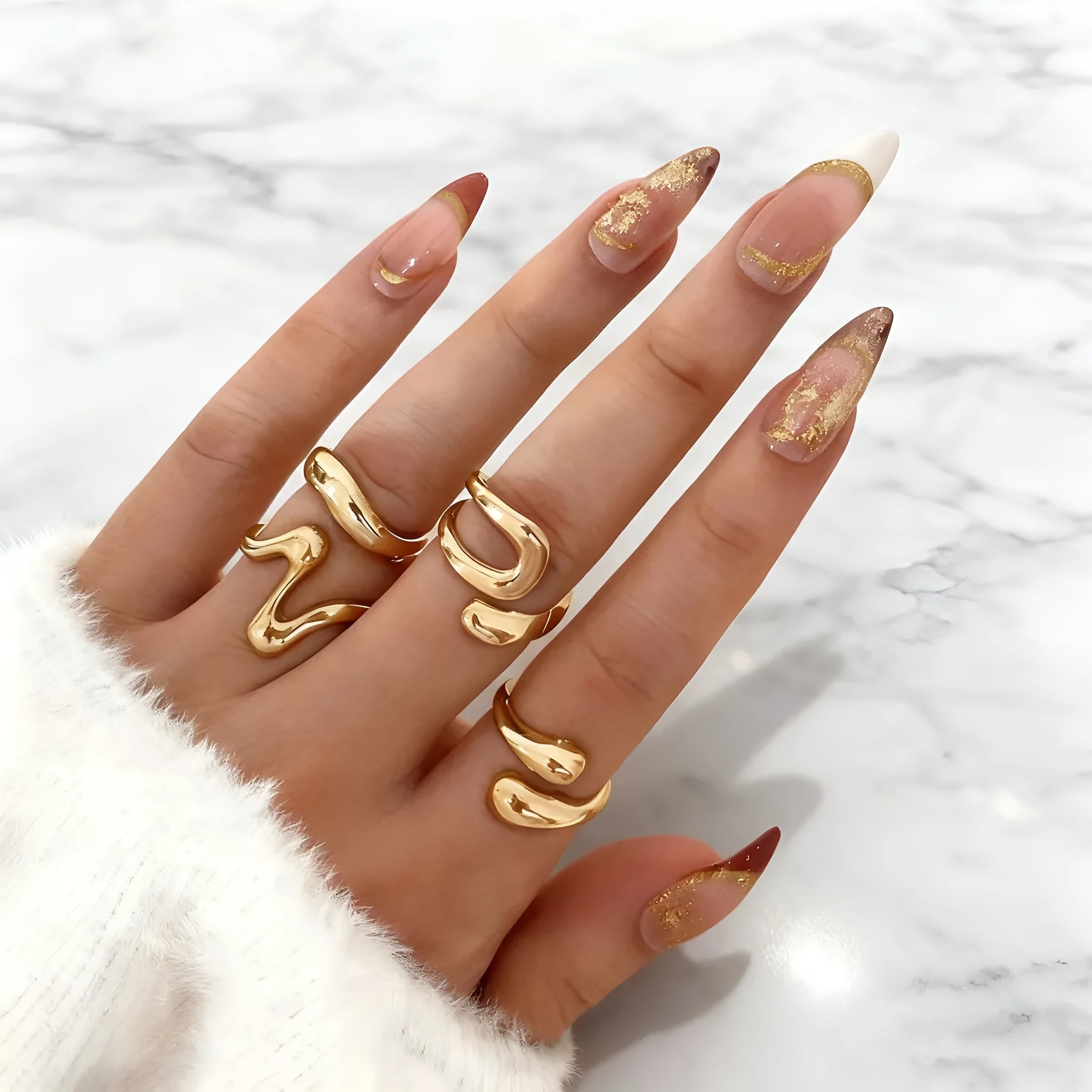 Fashion simple open geometric metal ring set for women, gold electroplated finish, Style 1