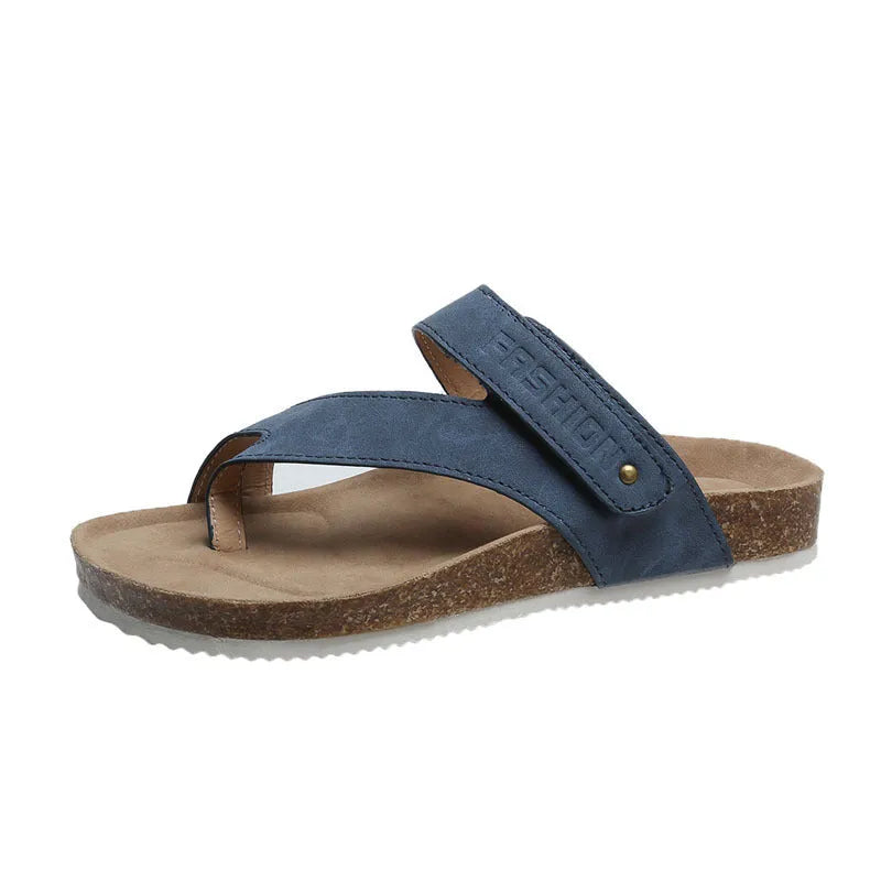 Flat toe ring thick-soled flip-flops in a solid colour on a white background.