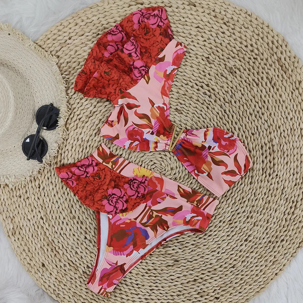 Pink and red floral print one-shoulder ruffled bikini set with high-waist briefs for women