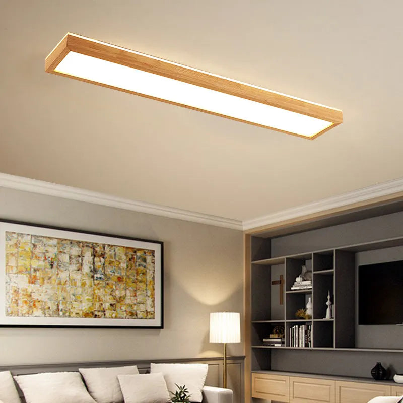 Solid wood balcony long ceiling lamp in New Chinese style, walnut colour, 120cm length with white light