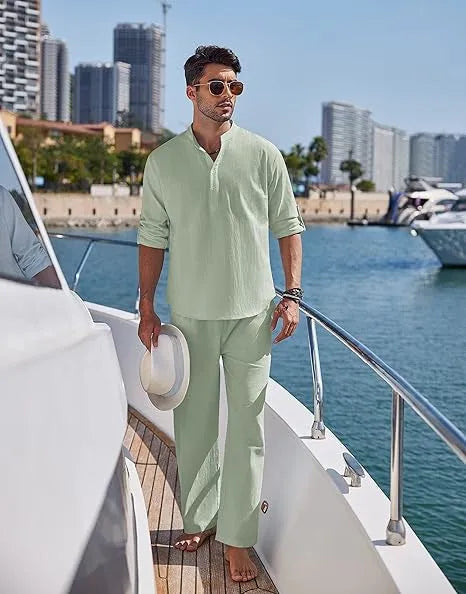 Cotton men's long sleeve trousers suit in solid colour for casual leisure wear