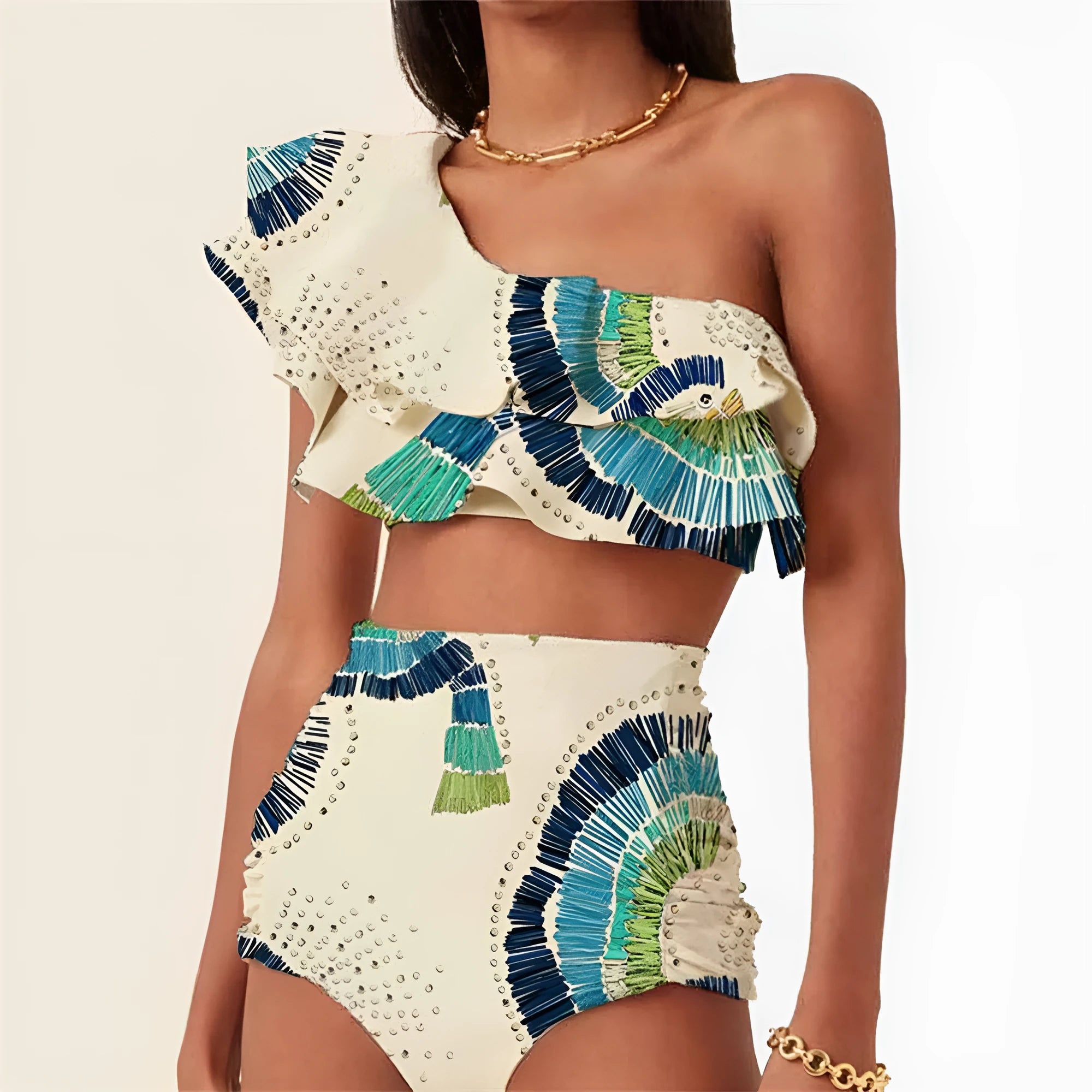 White women's one-shoulder swimsuit with lotus leaf design and thigh split