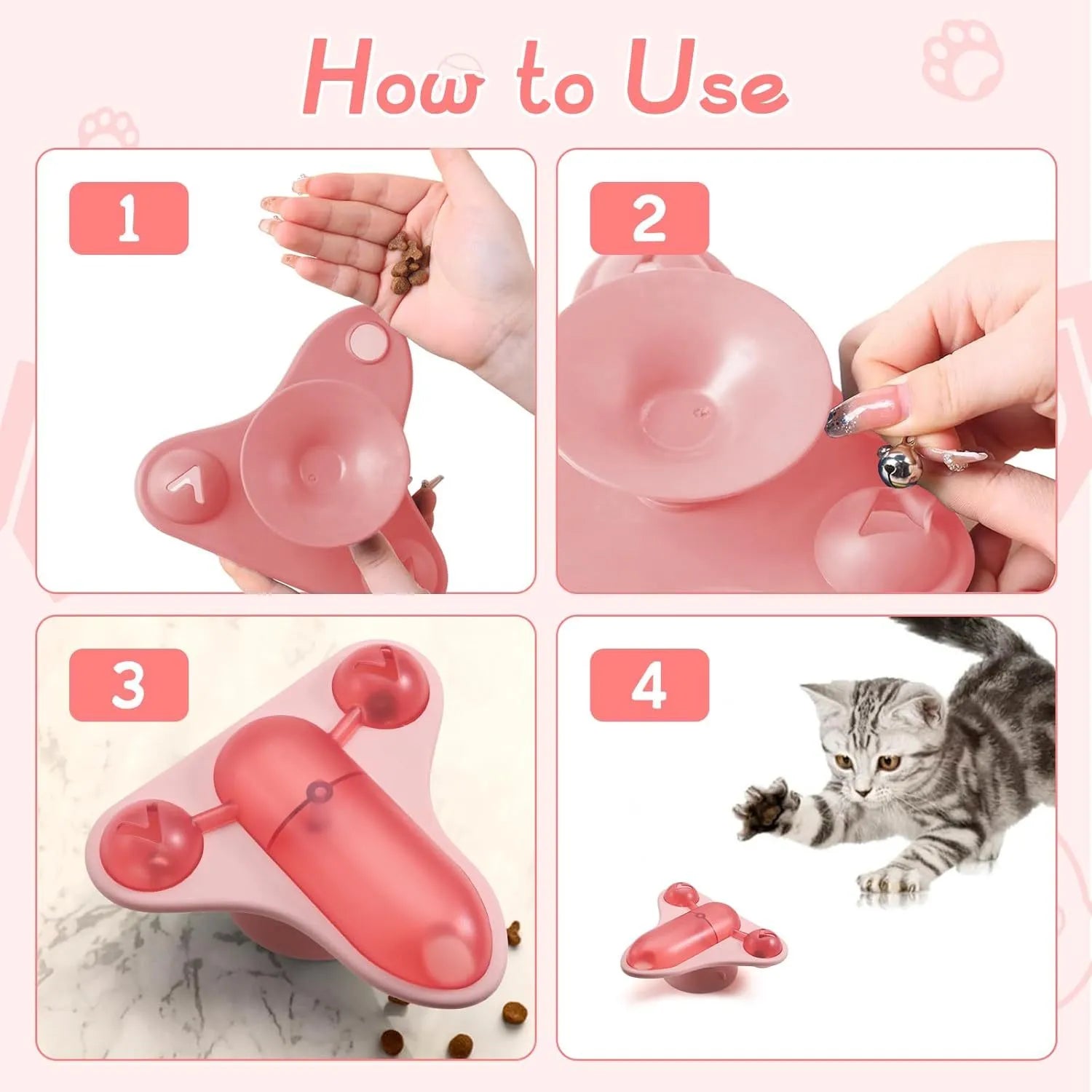 Blue interactive pet puzzle feeder toy with bell, catnip, and snack cabin on a suction cup base.