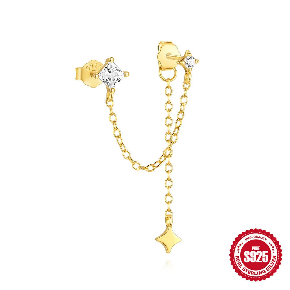 Gold colour sterling silver stud earrings with a connecting chain and inlaid zircon stones.