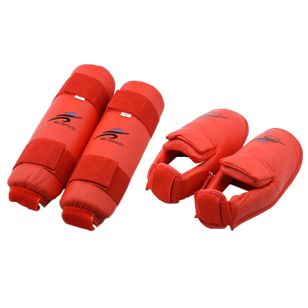 Blue karate protective gear set showing PU leg guard, helmet, and boxing gloves on a grey background.