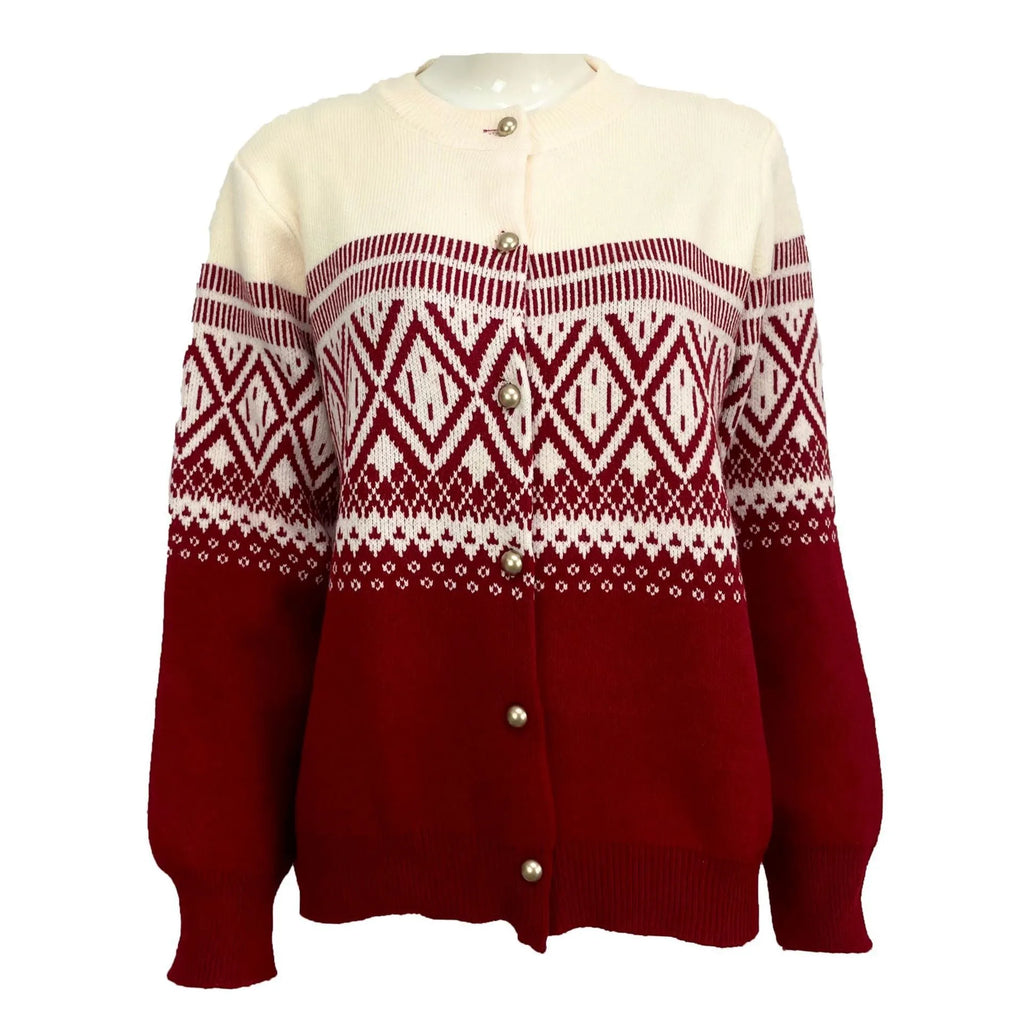 Women's long-sleeved contrast color diamond knitted alpaca wool cardigan free size