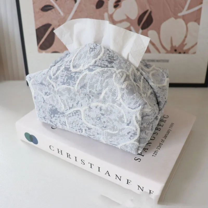 Chinese style cotton fabric tissue box with rose pattern in beige, blue or brown measuring 17x11x7cm