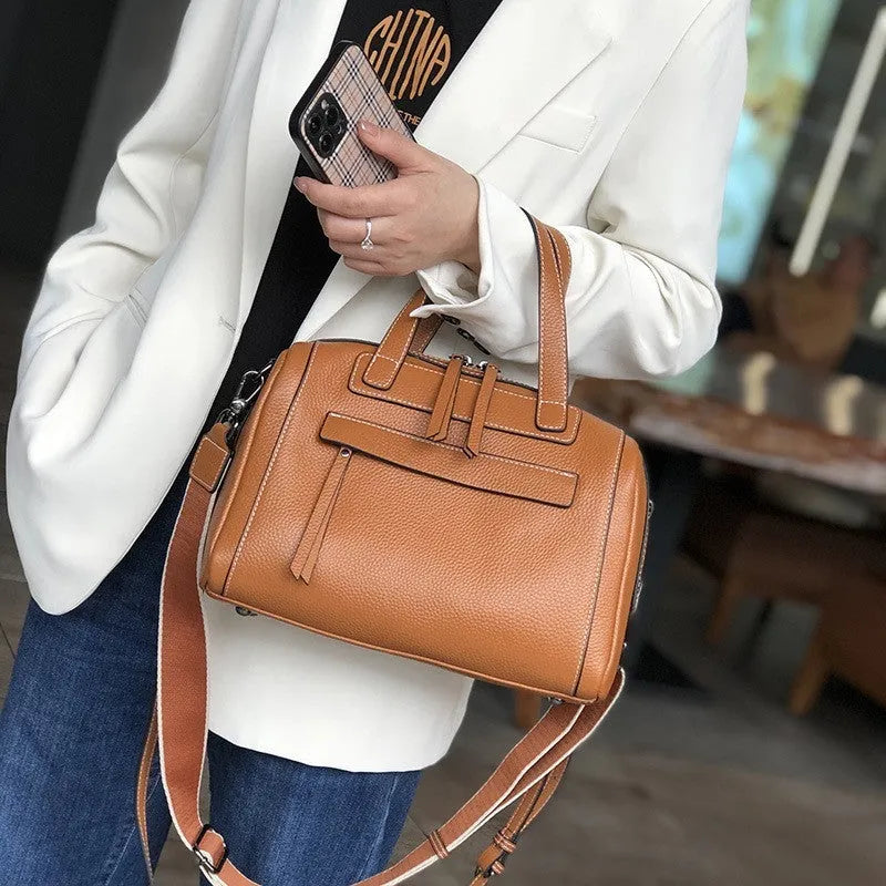 Genuine leather shoulder messenger bag with lychee grain pattern in horizontal square design