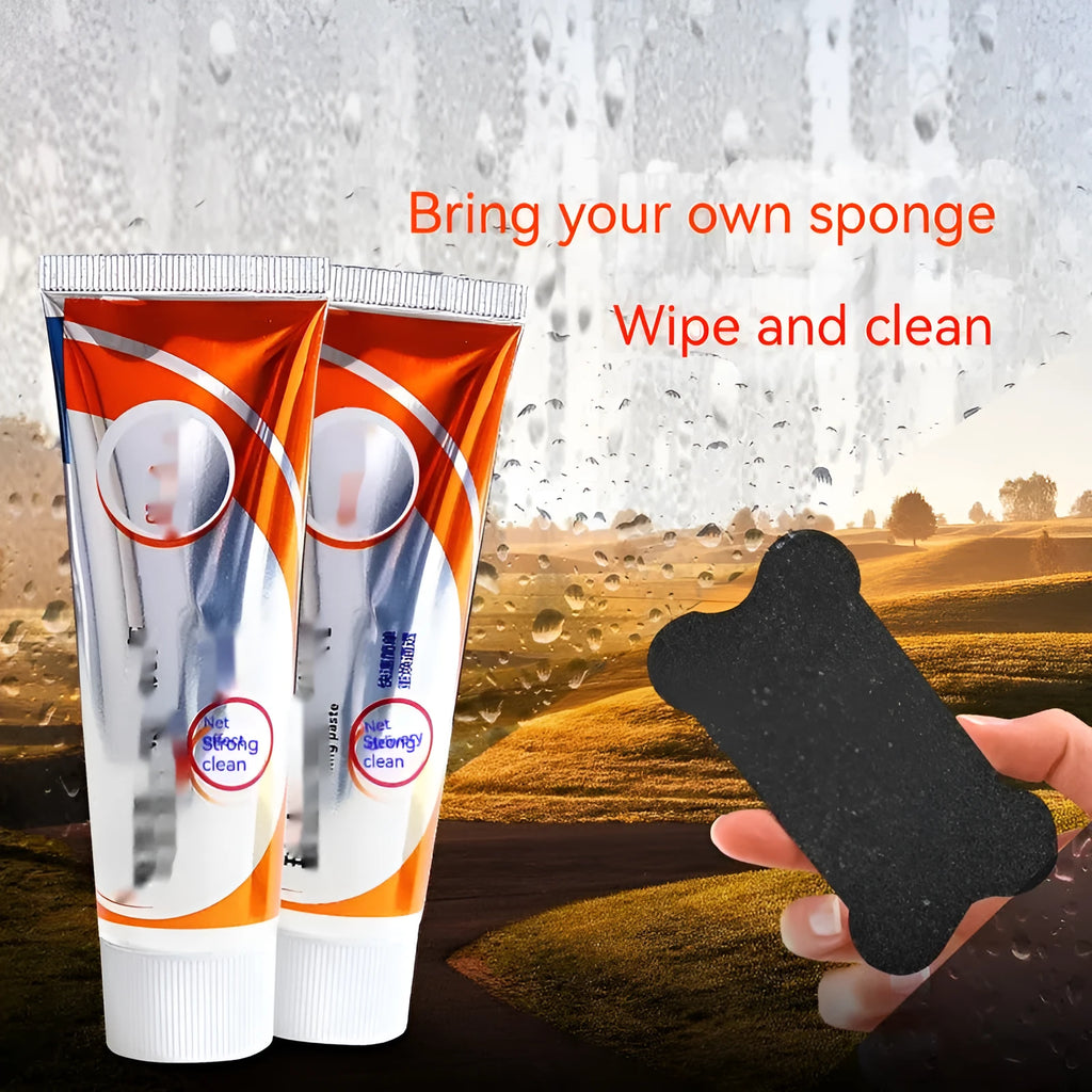Car windscreen cleaning agent paste in white 65ml packaging with sponge mop applicator