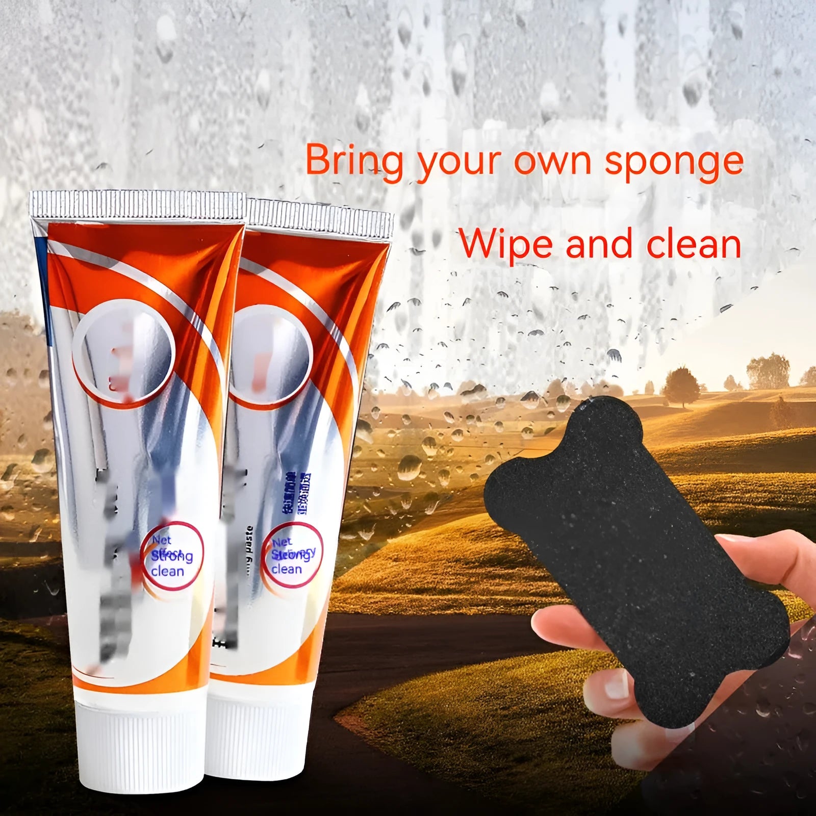 Car windscreen cleaning agent paste in white 65ml packaging with sponge mop applicator