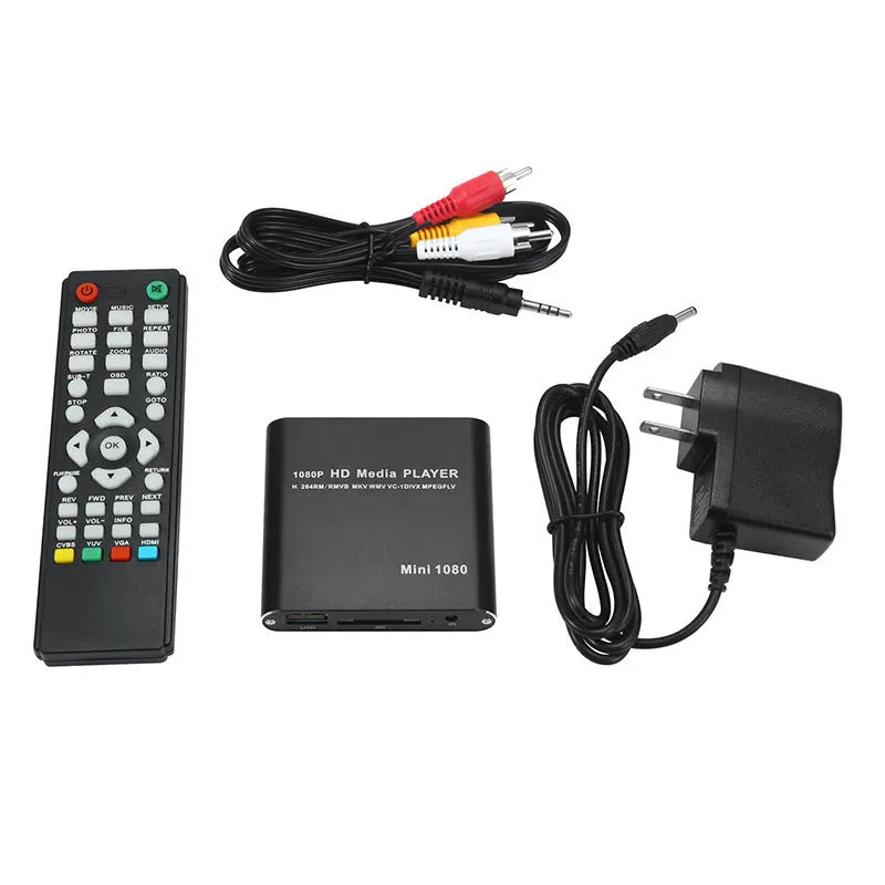 Blue and black 1080P Full HD media player with HDMI port, compact all-metal design.