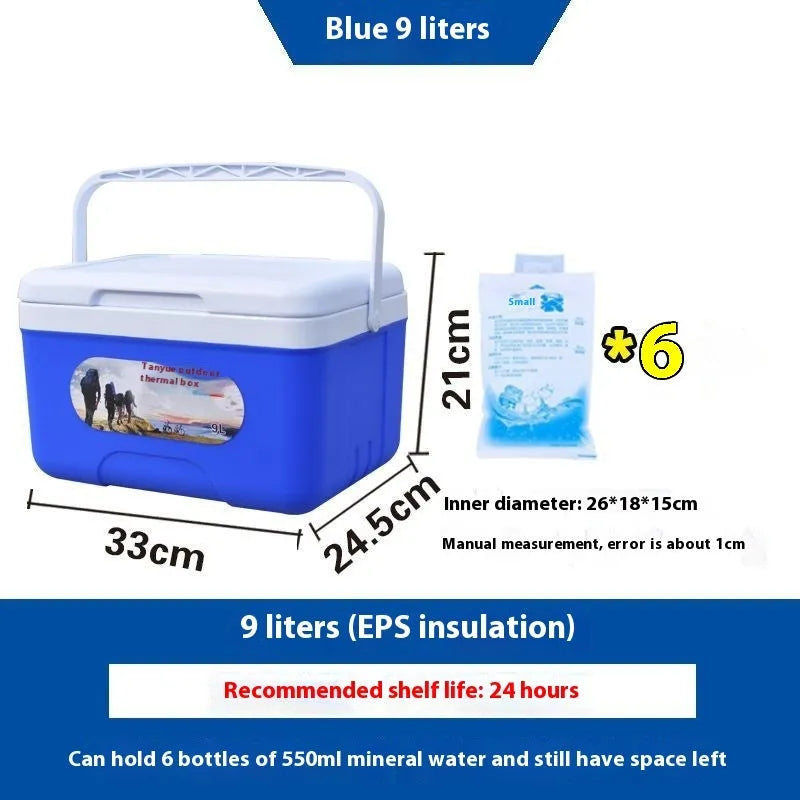 Blue portable insulated cooler bag with aluminium foil construction, shown with capacity options.